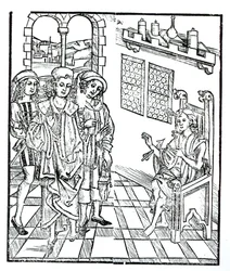 Cirurgião visita um homem com feridas de flechas, de &39;Das Buch der Cirugia&39; publicado em Estrasburgo, 1497